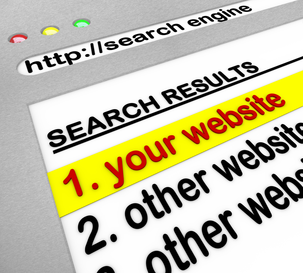 A search engine browser window shows your domain name as the top result